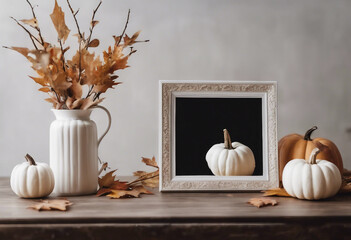 Photo frame and white pumpkins Mockup Copy space for artwork Autumn decor in interior