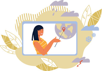 Online weather forecast banner with woman weather reporter showing meteorology map on computer screen. Meteorologist leading weather report.