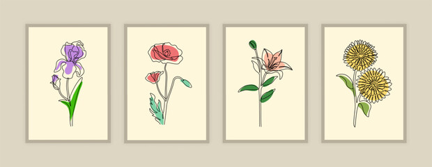 Fototapeta na wymiar One line flowers poster. Colorful outline iris, poppy, lily and chrysanthemum. print and wall art decor. Spring and summer decoration. Botanical card and postcard. Vector isolated floral objects set