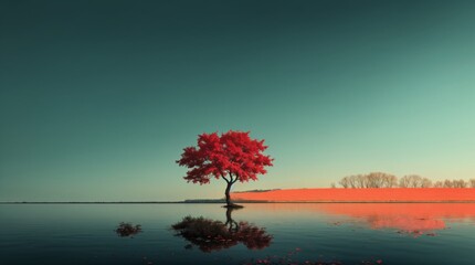 Positively just one vibrant red tree losing leaves by calm reflective water at sunset 