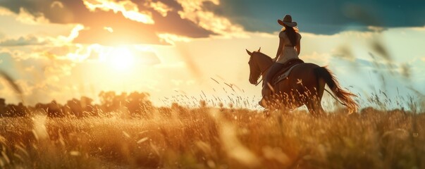 woman quick riding horse in evening landscape
