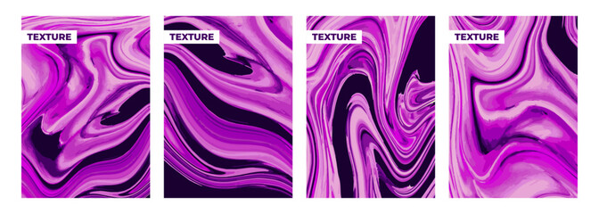 Set of abstract marble textures. Curved wavy patterns for creative graphic design. Ebru style. Purple and black colors. Vector illustration.
