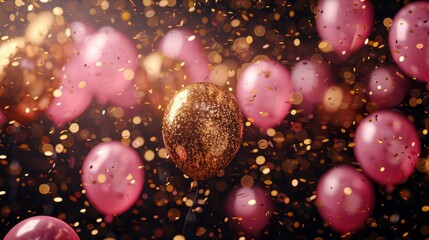 Obraz na płótnie Canvas The backdrop was decorated with gold and pink balloons and confetti. Suitable for graduation ceremonies, birthdays, New Year's celebrations. Product launches, sales events and various festivals