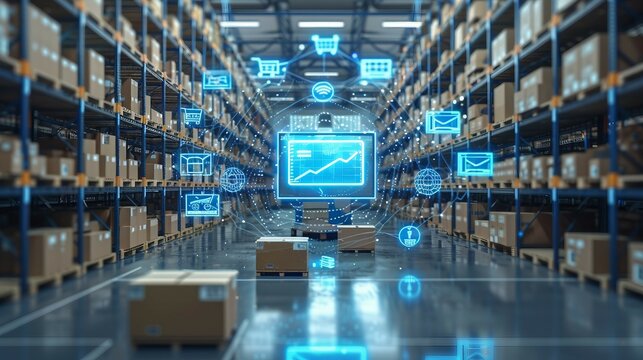 smart warehouse management system, featuring interconnected IoT devices that enable a seamless flow of information and facilitate predictive maintenance .