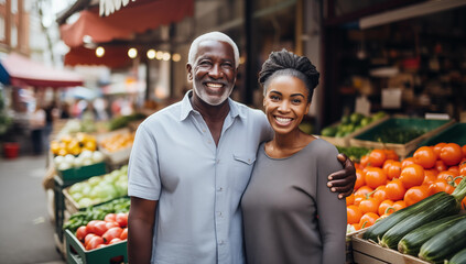 An African American couple, both smiling and posing together in front of a fruit stand with a variety of colorful fruits, at an outdoor market in the background. - obrazy, fototapety, plakaty