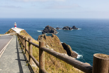 Paisaje con faro y mar del cabo Ortegal, Cariño, Galicia, España, costa gallega.