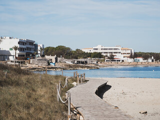 Es Pujols beach and promenade in Formentera island