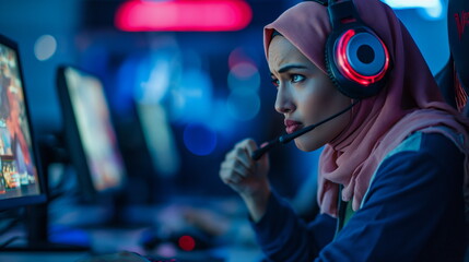 Muslim young woman playing video games in cybersports club neon lights on background, modern , generative ai, neutral face, concentrated - obrazy, fototapety, plakaty