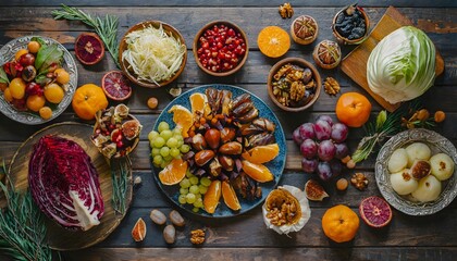 Zenith view of an old dark wooden table with fruit and vegetables. - obrazy, fototapety, plakaty