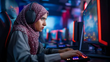 Fotobehang Muslim young woman playing video games in cybersports club neon lights on background, modern , generative ai, sad, angry emotional © Maksim