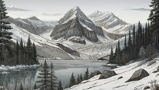 Digital painting of Dagu Glacier National Park, anime drawing style, line art, hand drawn. ai generative