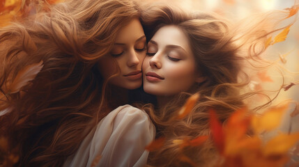 Romantic portrait lesbian couple embracing each other