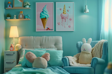 Colorful kid's bedroom interior with a unicorn and ice-cream poster.AI generated