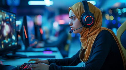Muslim young woman playing video games in cybersports club neon lights on background, modern , generative ai, sad, angry emotional - obrazy, fototapety, plakaty