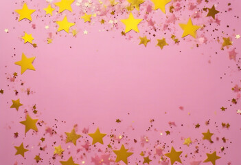 Obraz na płótnie Canvas Pink and yellow pastel Stars Glitter Confetti on pink background Festive backdrop