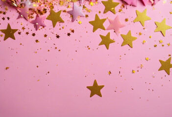 Pink and yellow pastel Stars Glitter Confetti on pink background Festive backdrop