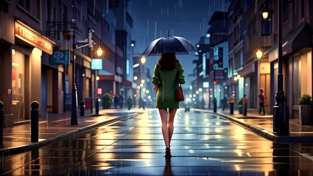 Urban Elegance: Graceful Woman in Nocturnal Rain. Seamless looping 4k time-lapse video animation background