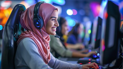 Muslim young woman playing video games in cybersports club neon lights on background, modern , generative ai, neutral face, happy and smiling