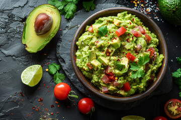 guacamole on dark stone countertop top view adorned with a fresh lime and other vegetables (4)