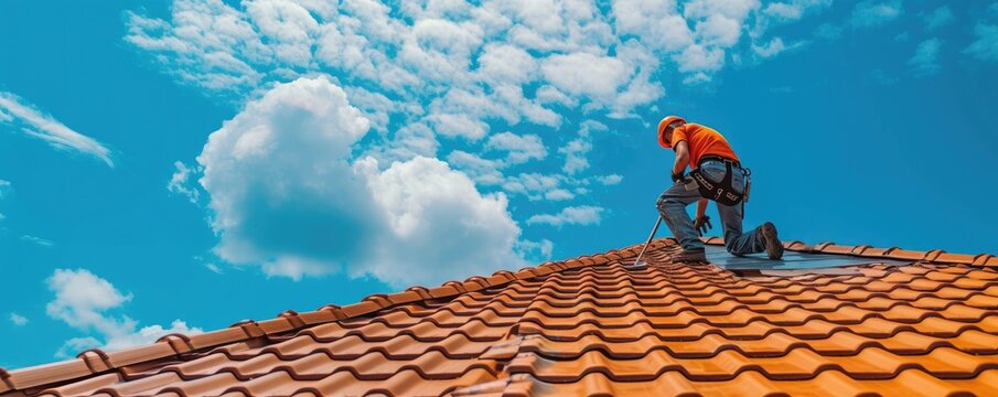 Roofing tiles installation in process.