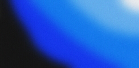 Blue white illuminated wave on black, grainy color gradient background, noise texture effect, copy space	