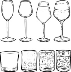 Wine and whiskey drink glasses set line drawing illustration. - 745109448