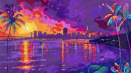 Schilderijen op glas purple sky art.Skyscrapers view above clouds at sunset © paisorn