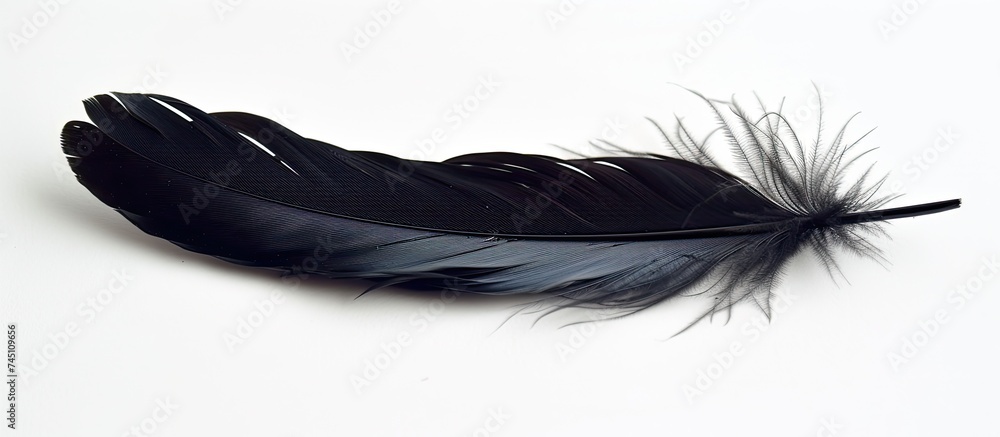 Poster a close-up view of a single black feather resting on a stark white background. the feather is detail