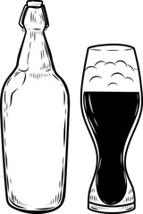 Craft beer bottle and glass line drawing isolated on white background. - 745109628