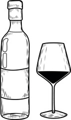 Wine glass and bottle line drawing illustration. - 745109650