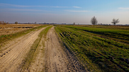 The photo depicts an expansive view of fields intersected by a winding dirt track.