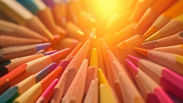 Pencils in a row, colorful and sharp. 4k video animation