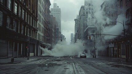 ultra - realistic cinema of an empty New York street, fog, steam, dark, monochromatic