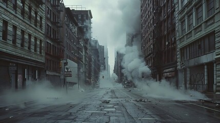 ultra - realistic cinema of an empty New York street, fog, steam, dark, monochromatic - obrazy, fototapety, plakaty