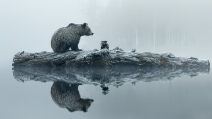 A bear sitting on an old weathered log in the midst of a tranquil body of water. - AI Generated Digital Art - Powered by Adobe