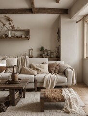 Tranquil rustic living area with neutral tones and natural textures 
