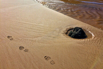 A sandy beach with distinct footprints leading to a partially submerged dark rock.