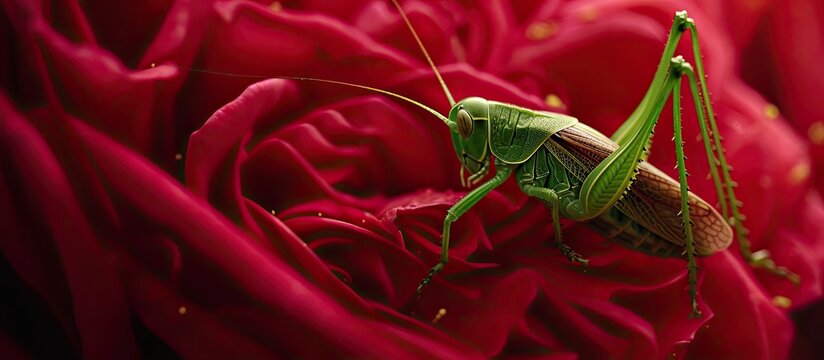 A wingless green grasshopper perched delicately on a vibrant red rose petal, showcasing intricate details of both the insect and the flower.