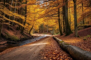 Beautiful Autumn Woodland. Golden Beech Trees in the Fall. English Countryside Wallpaper.