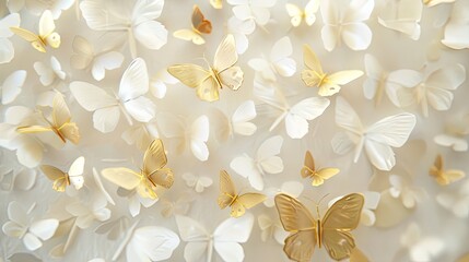 Fototapeta na wymiar white background,gold butterfly,shiny little star,little pastel colour flower 