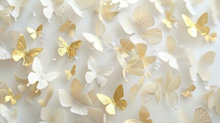 white background,gold butterfly,shiny little star,little pastel colour flower 