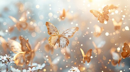 Obraz na płótnie Canvas white background,gold butterfly,shiny little star,little pastel colour flower 