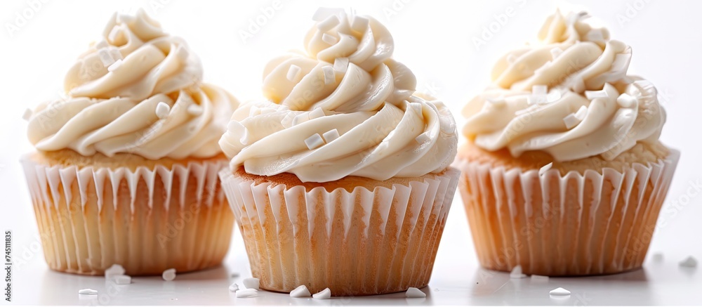 Poster three scrumptious cupcakes with white frosting elegantly displayed on a pristine white surface, crea