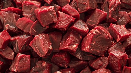 A close top view of fresh lean beef chunks.