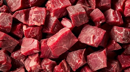 A close top view of fresh lean beef chunks.