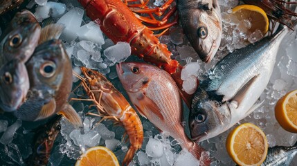 Top view of variety of fresh fish and seafood on ice