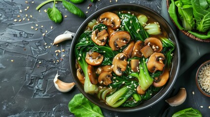 Baby Bok choy or chinese cabbage in oyster sauce with Shitake Mushrooms and fried garlic. - obrazy, fototapety, plakaty