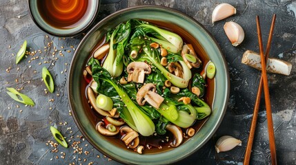 Baby Bok choy or chinese cabbage in oyster sauce with Shitake Mushrooms and fried garlic. - obrazy, fototapety, plakaty