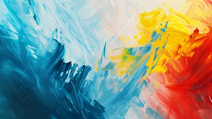 Poster Abstract background of blue, yellow and red paint splashes on white paper © Robina