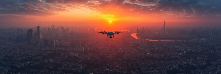 Drone Flying over the cityscape with beautiful sunset